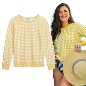 Draper James Gingham Print Crew Neck Pullover Sweatshirt Top Yellow White - S